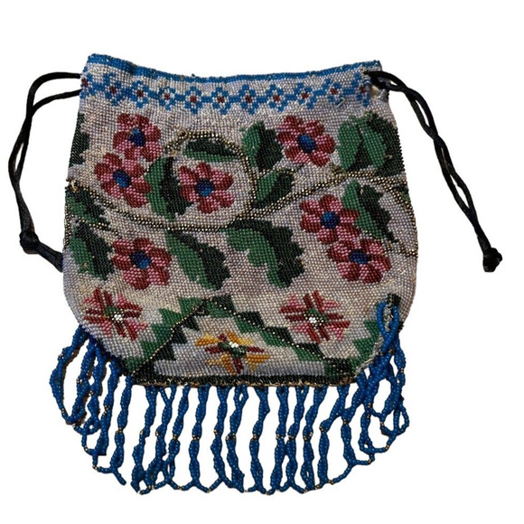 Victorian Antique Beaded Bag, Floral, Drawstring Super Fine Beads Lining